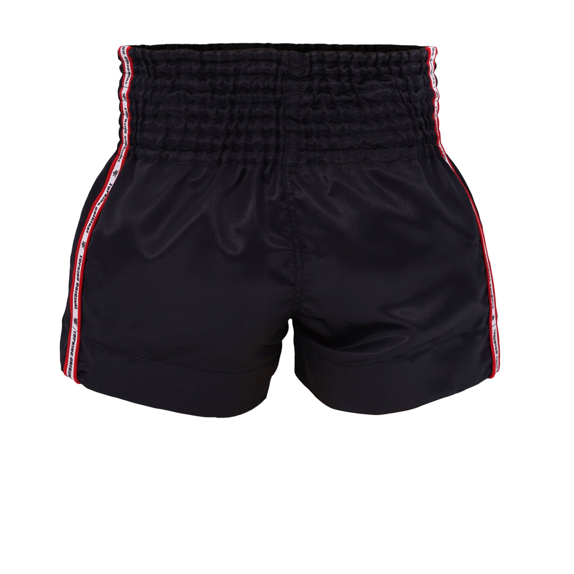 Top King Thai Boxing Shorts 217 – Muay Thai fight shorts in black with red trim back view