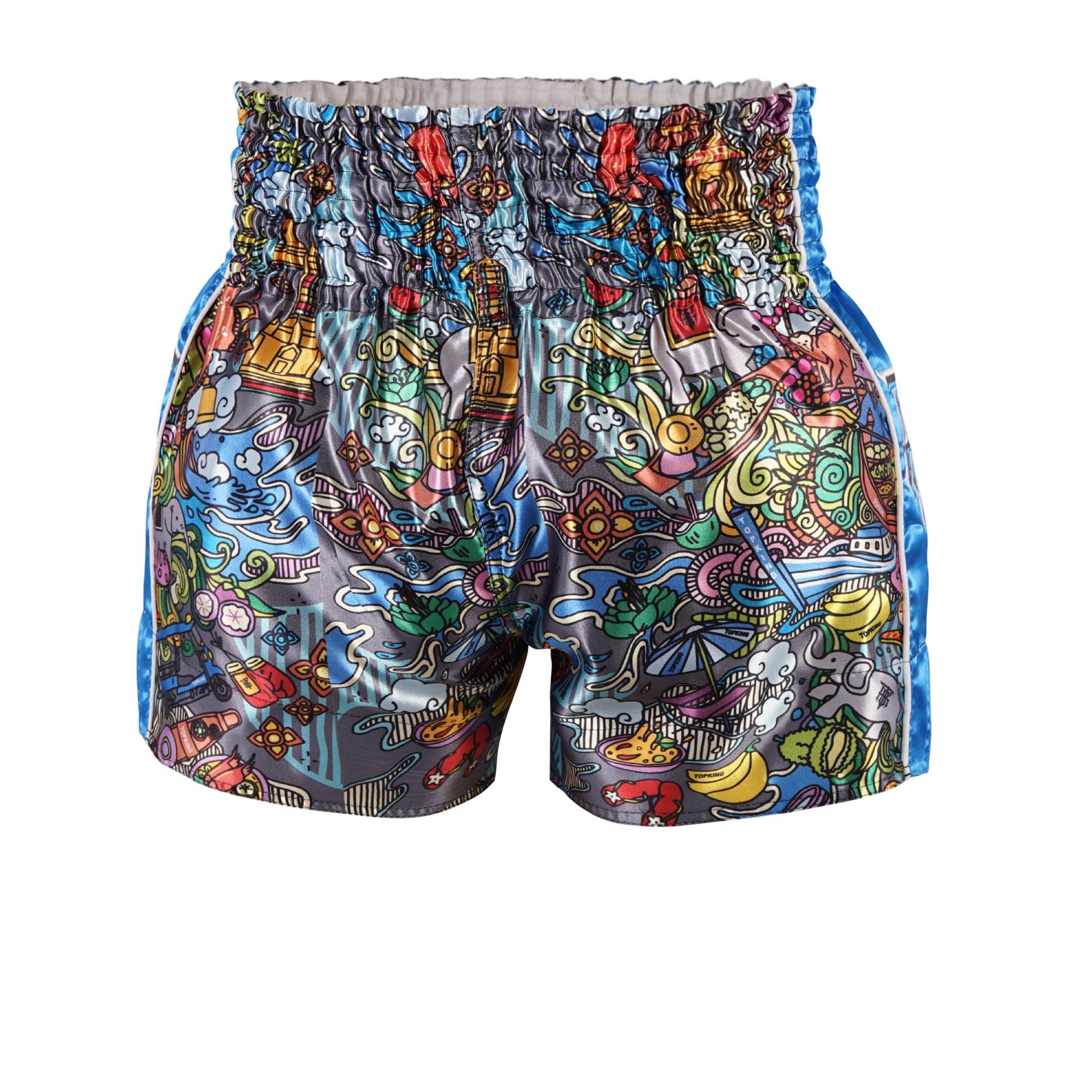 Top King Thai Boxing Shorts Sky Blue 225 – Authentic Muay Thai fight shorts in sky blue in Thai Culture design - Back