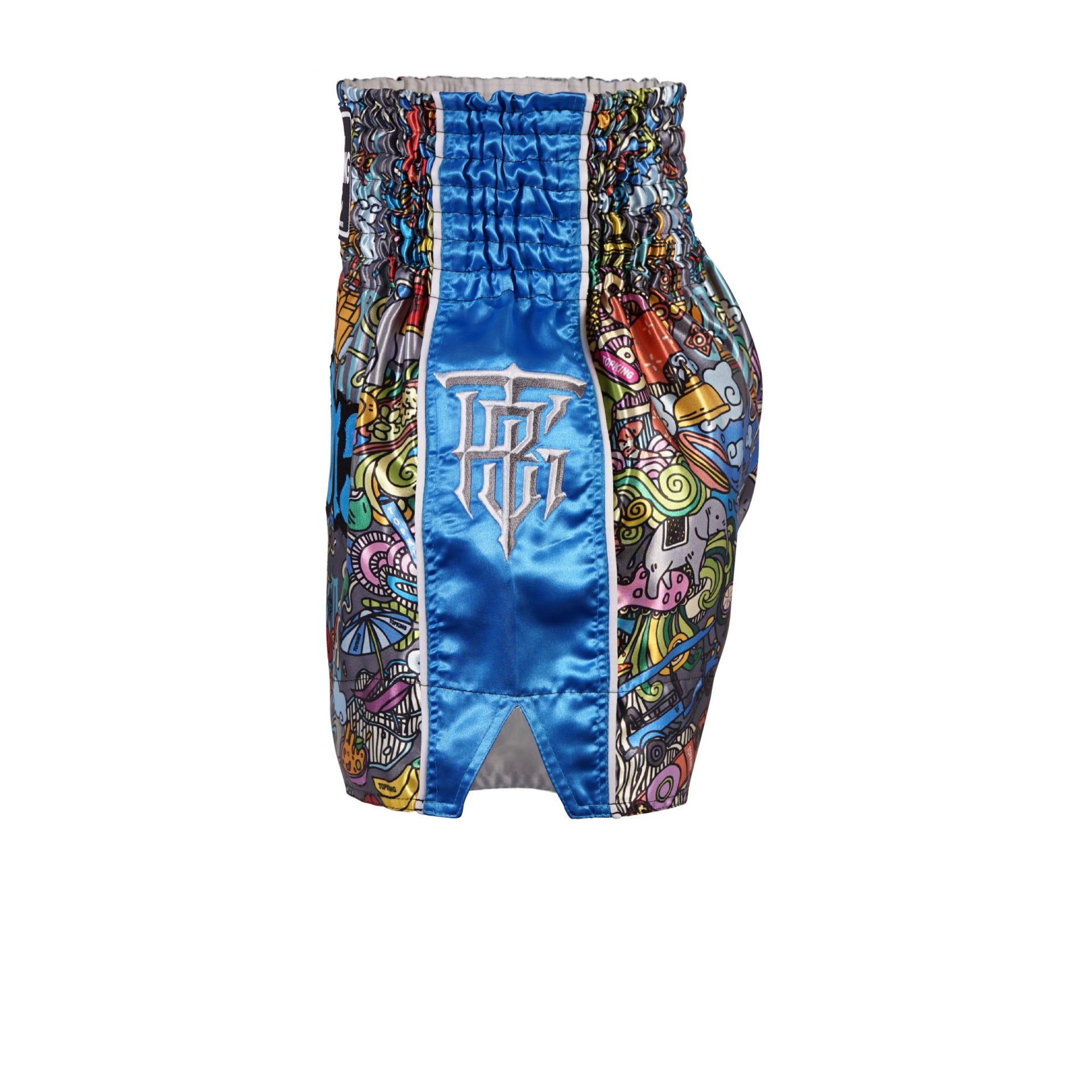 Top King Thai Boxing Shorts Sky Blue 225 – Authentic Muay Thai fight shorts in sky blue in Thai Culture design - Side 1