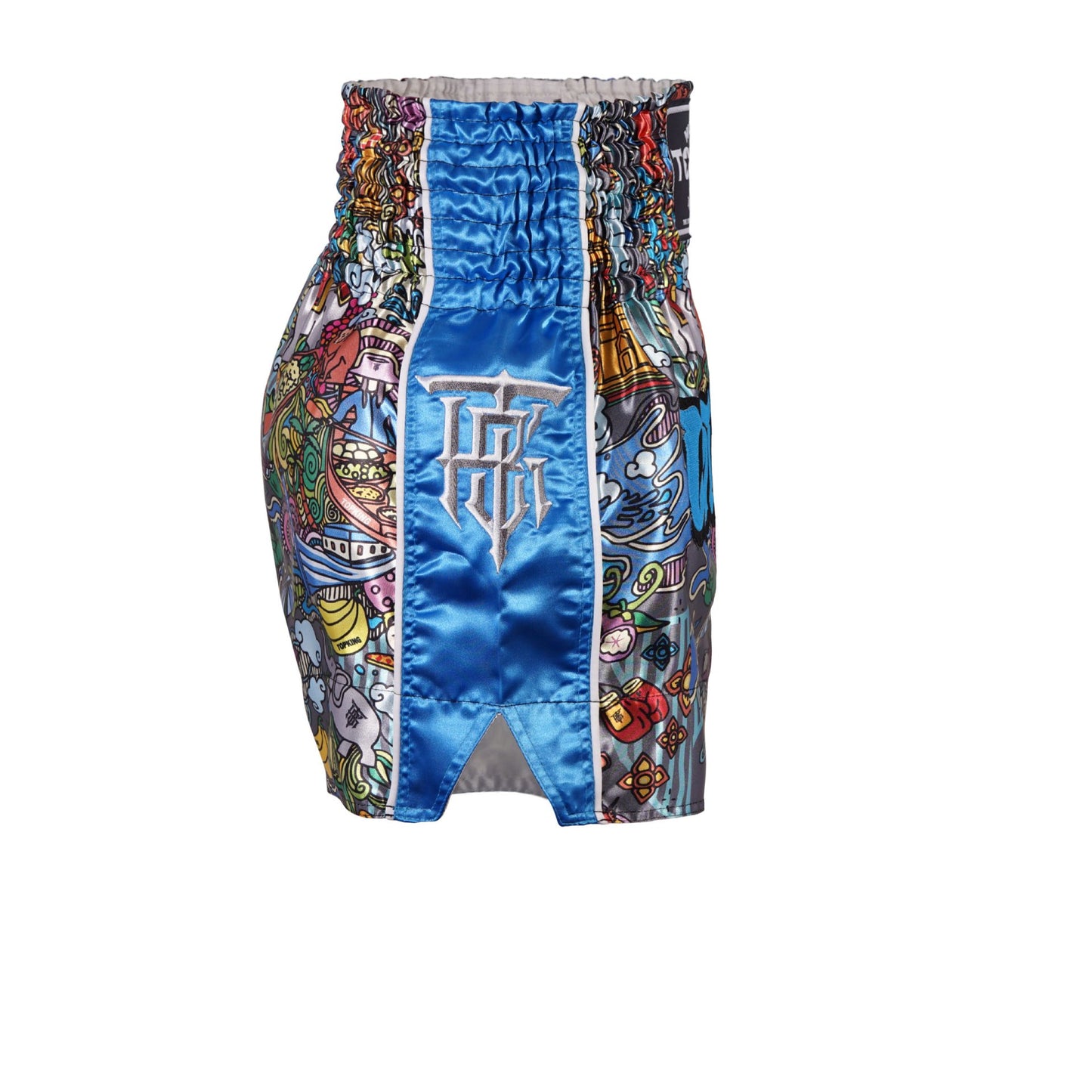 Top King Thai Boxing Shorts Sky Blue 225 – Authentic Muay Thai fight shorts in sky blue in Thai Culture design - Side
